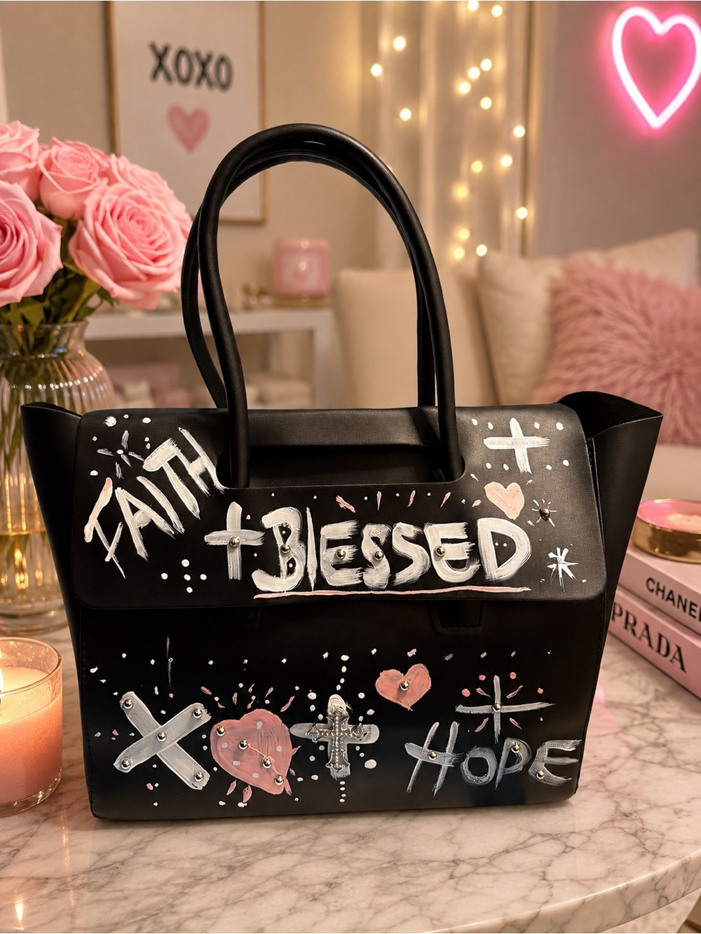 Black Hand-Painted Statement Tote Bag - Faith Blessed Hope
